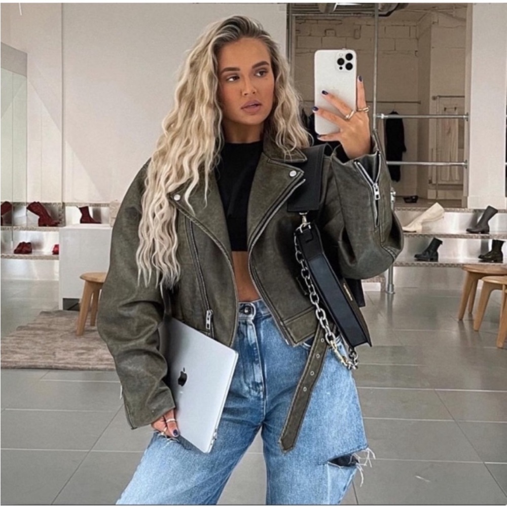 NWT Viral Zara Crop Oversized Faux Leather Jacket in Charcoal